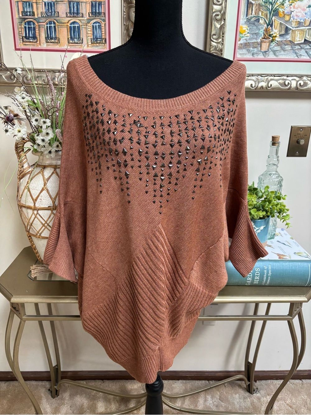 Miss Me Metallic Studded Off-Shoulder Rib Knit Textured Relaxed Tunic Sweater